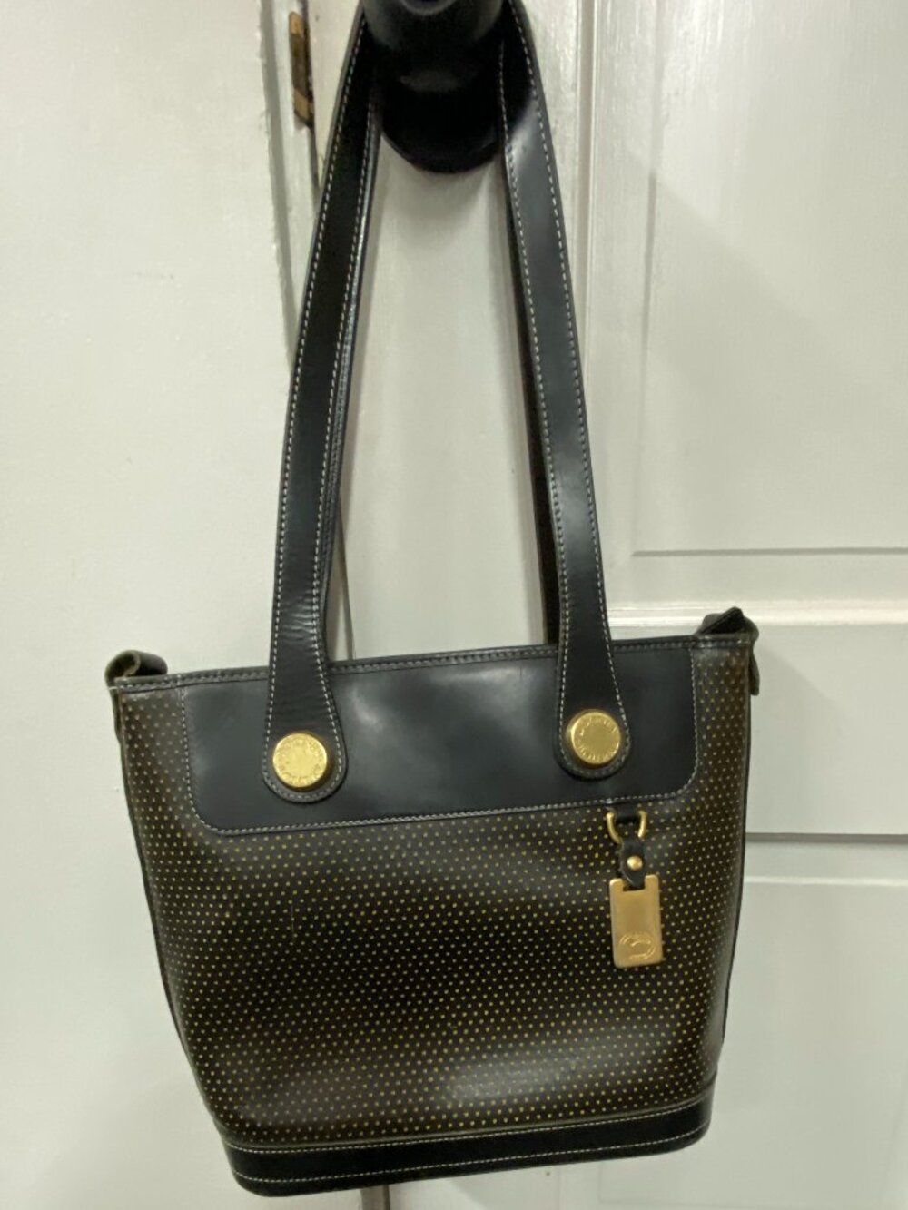 Dooney and Bourke, Black Perforated Leather Shoulder Bag w Gold Hardware